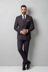 Man in maroon pinstripe double-breasted suit with tailored fit and black tie.
